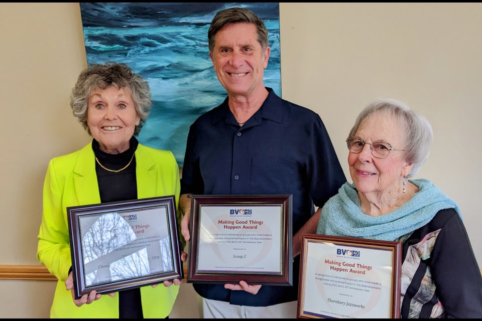 (Left to right) Award Winners Patricia Grant from Climate Action Now Network TBM, Mike McCabe from Scoop 2, Carole Edgar from Thornbury Jazzworks. 