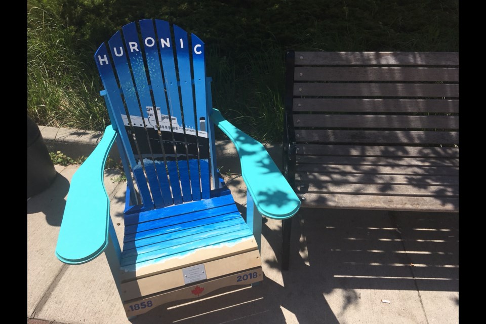 One of the chairs in Art on the Street, painted by artist and Smash Reality employee Carrie Bloomfield. Her painting is of the Huronic. Erika Engel/CollingwoodToday