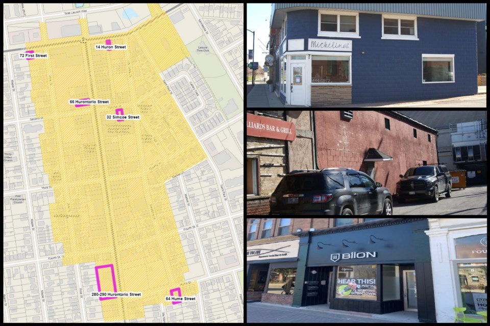 Left, a map showing all the applications for masonry painting considered during the Oct. 12 development and operations standing committee meeting. Right from top to bottom are 14 Huron St., 32 Simcoe St. and 66 Hurontario St.