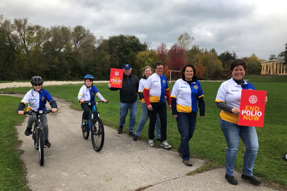 From left: Joe Bragg, Kayden McLeod, John Saul, Karen Peirce, Mike Gautchier, Sue Bragg and Rossalyn Workman of the Rotary Club of Collingwood South Georgian Bay are preparing for the local Bike or Hike to end polio this Saturday (Oct. 27, at Harbourview Park. Erika Engel/CollingwoodToday