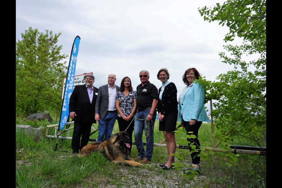 Dignitaries were invited to view conceptual drawings and plans for the new Georgian Triangle Humane Society's Regional Centre for Pets and People at an event on May 26, 2022. Pictured from left to right are Clearview Mayor Doug Measures, Simcoe-Grey MP Terry Dowdall, GTHS Campaign Manager Kelly O'Neil, donor Ken Vogel, Collingwood Acting Deputy Mayor Mariane McLeod and Wasaga Beach Deputy Mayor Sylvia Bray.