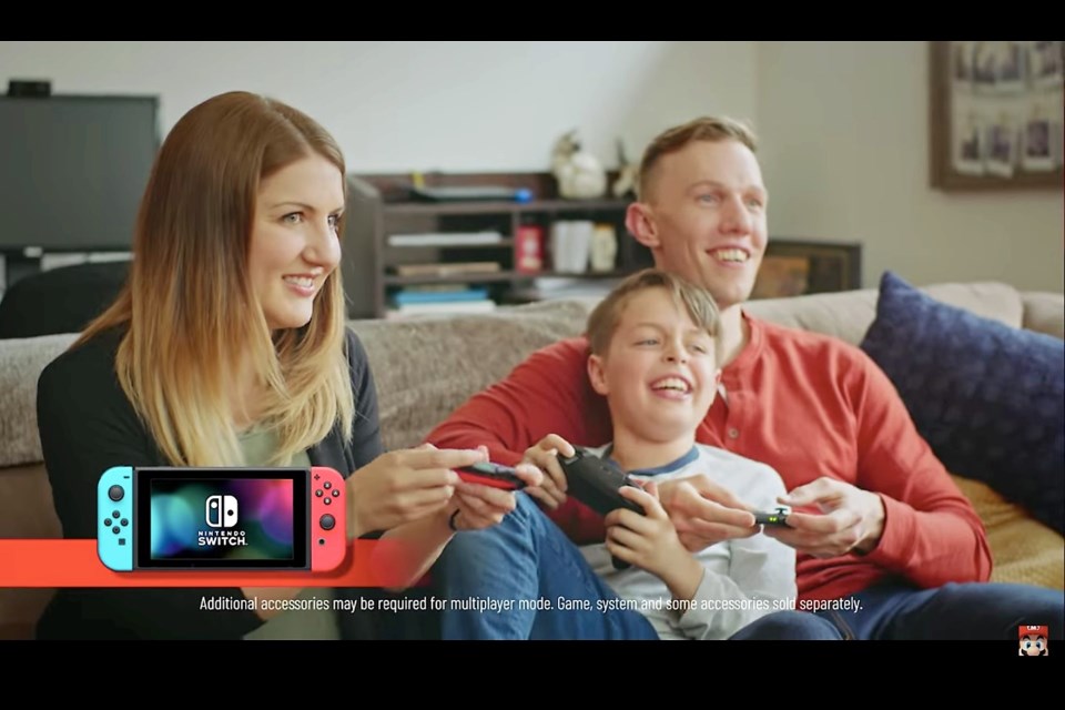 Georgia House, her son Gabriel and her husband Patrick Marshall in a screen capture of their Nintendo Switch commercial. Contributed image