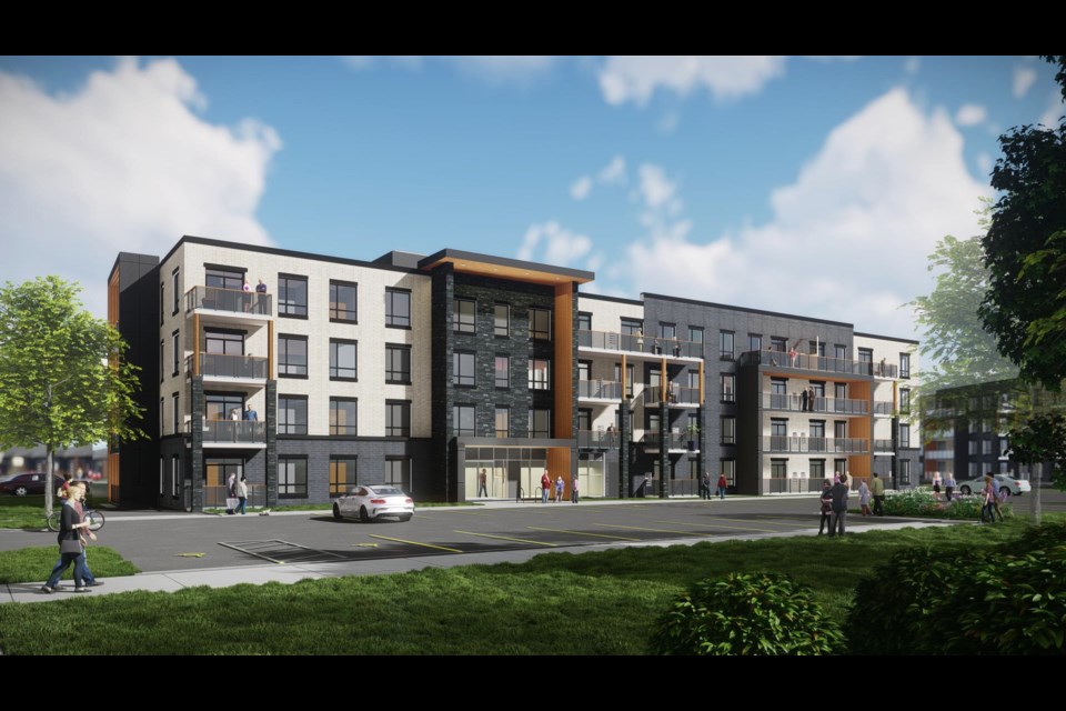 An artist's rendering of design concepts for the first phase of the Residences of Silver Creek development, which will see three four-storey buildings with amenity space built at 11403, 11453 and 11461 Highway 26.