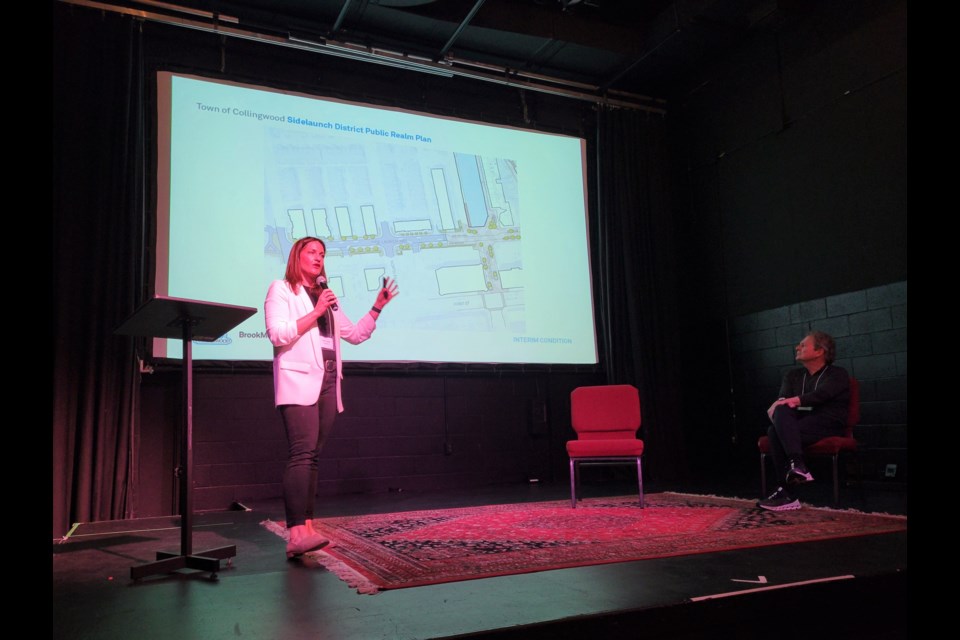 Trish Clarke of Brook McIlroy provides a presentation on the Sidelaunch District Public Realm Plan on May 17, 2023 at Simcoe Street Theatre.
