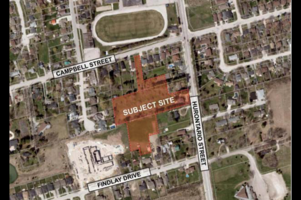 This map shows the lands where the developer is proposing a pocket community called Blackmoor Gate. The thin parcel at the top of the shaded area represents access to Campbell Street, where the developer proposes to put the main entrance and exit road for the development. Contributed photo. 