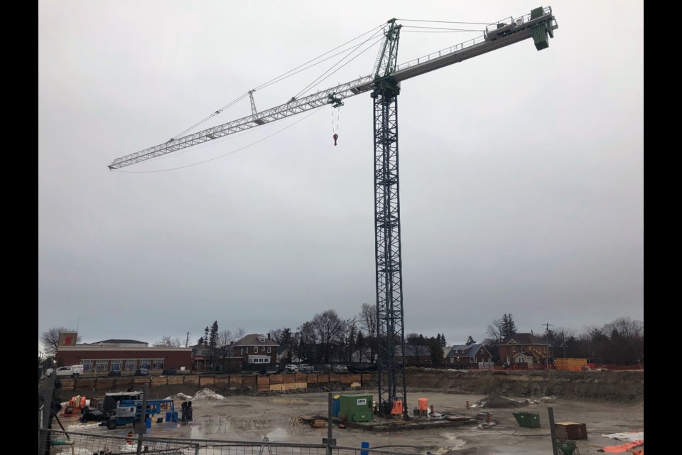 A tower crane works at the site of the Monaco Development where a six storey building will house 127 condominiums and ground floor retail. This was the largest building permit issued in Collingwood in 2019. Erika Engel/CollingwoodToday