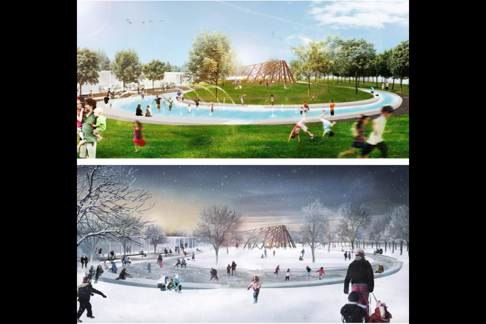 The artist's rendering in the Waterfront Master Plan shows the splash pad doubling as a skating loop. Staff has abandoned this idea due to energy consumption and land constraints in favour of a water play feature elsewhere at Harbourview Park. Photo from Waterfront Master Plan