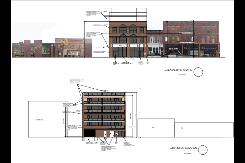 These drawings by Tim Fanstone Architect show the Regent as it would appear from Hurontario Street (top) and from the Pine Street Parking lot (bottom). Photos from Town of Collingwood website