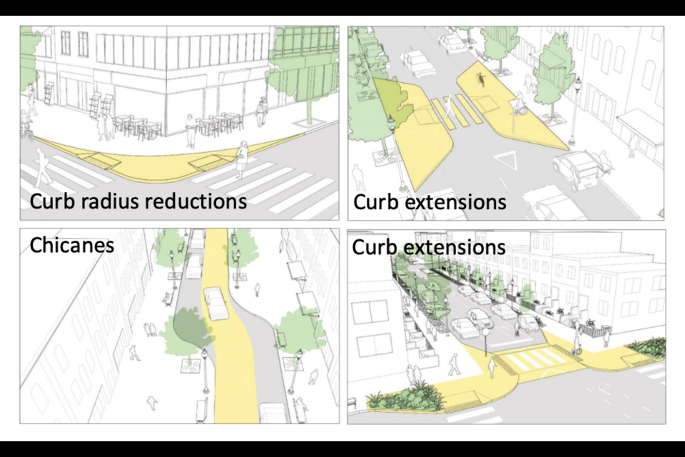 Examples of traffic calming measures included in the Town of Collingwood and Tatham Engineer's report on a proposed traffic calming policy.
