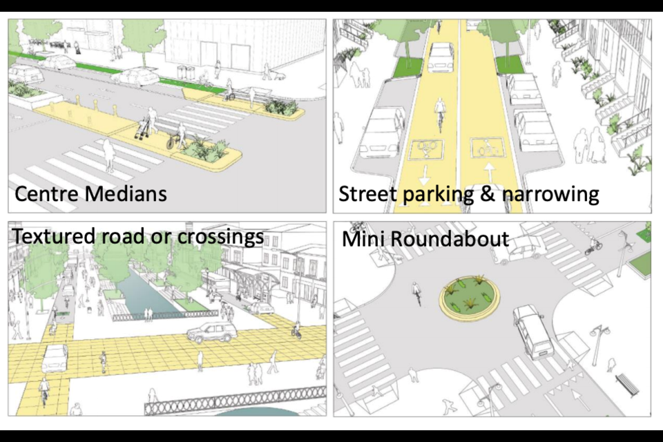 Examples of traffic calming measures included in the Town of Collingwood and Tatham Engineer's report on a proposed traffic calming policy.