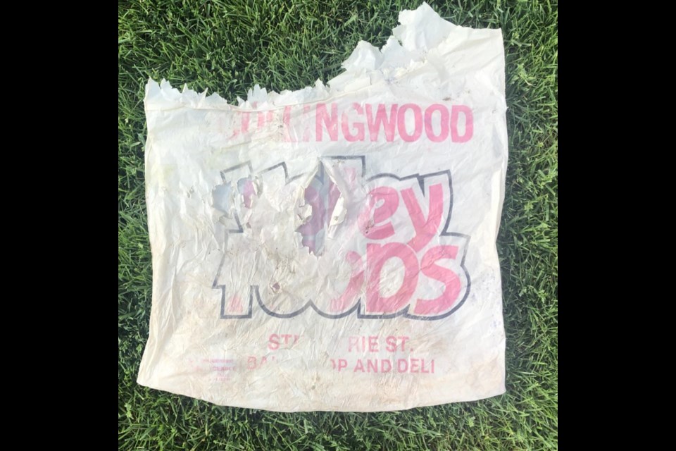 A bag recovered through a Georgian Bay Forever shore line clean up from Collingwood Valley Foods. The grocer closed its doors in Collingwood in 1975.