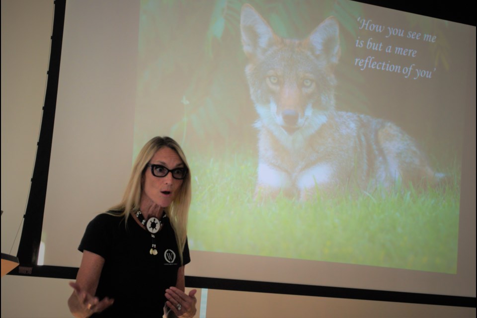 Lesley Sampson, of Coyote Watch Canada, gives a presentation at the Collingwood Library on June 21. Jessica Owen/CollingwoodToday