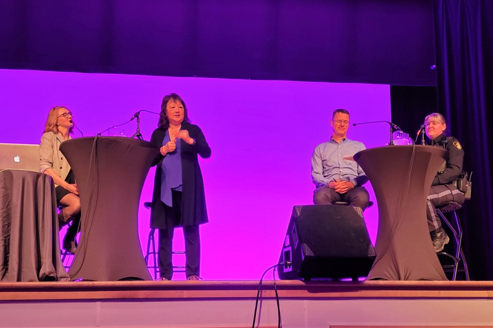 From left to right, Brandie Sanders (New Path Youth and Family Services), Carol Todd, (mother of Amanda Todd), Dr. Rob Meeder (Waypoint Centre for Mental Health Care) and Collingwood OPP Const. Christine Dineen participated in a panel discussion on online safety at the Wasaga Beach RecPlex on March 22, 2023. 