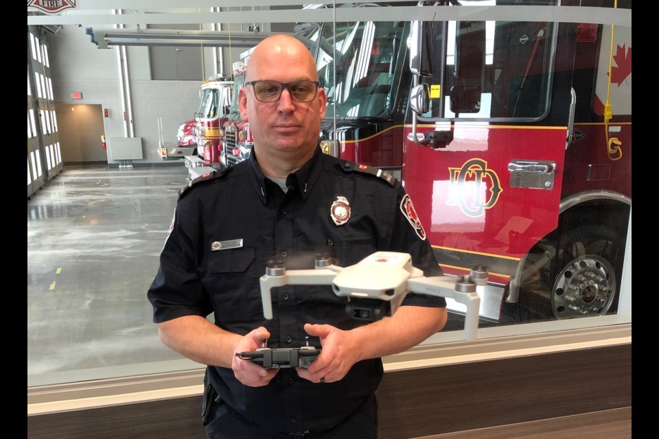Fire Prevention Inspector Jeff Gage uses the smaller drone for his commercial inspections. 