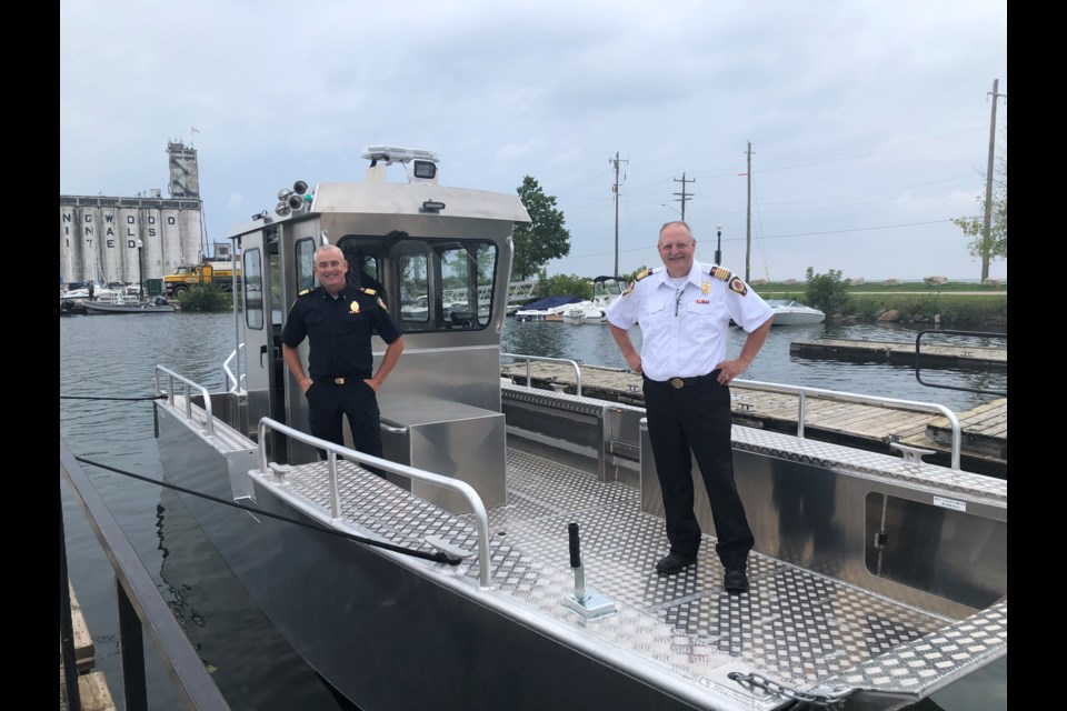 Deputy Fire Chief Dan Thurman and Chief Ross Parr were the first to step aboard the new Collingwood Fire Department rescue boat. Erika Engel/CollingwoodToday
