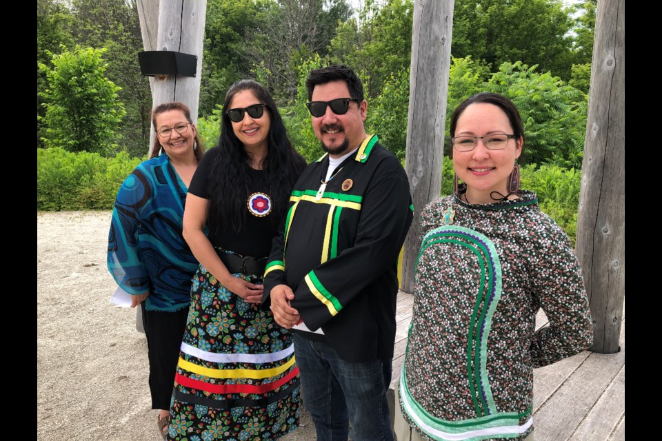 Heather McIntyre, Katherine Heino, Painted Sky, and Muckpaloo Ipeelie at the change of seasons event on June 21 at the Awen Gathering CIrcle. 