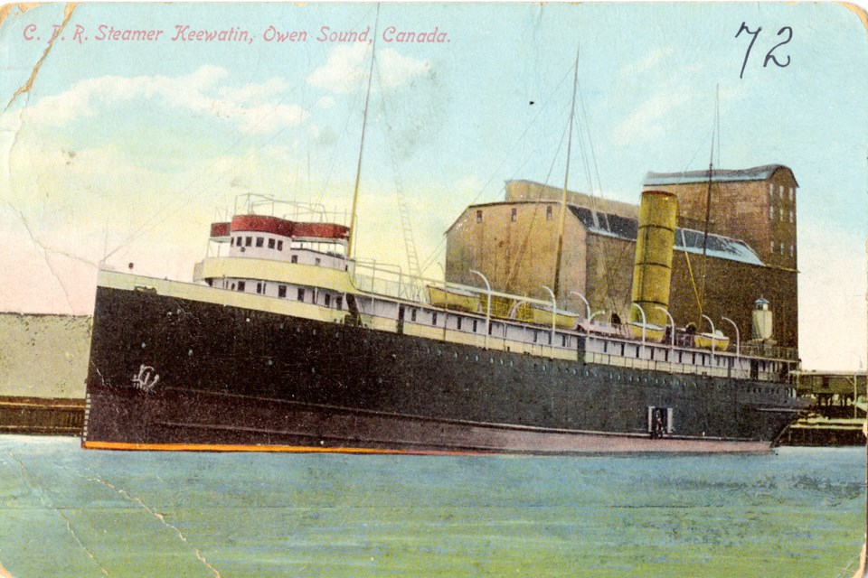 This postcard bears the image of the CPR steamer Keewatin.  Huron Institute No. 72, Collingwood Museum Collection X974.632.1