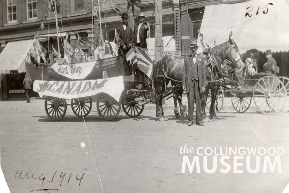 The man standing in front of the horse is believed to be Collingwood boat builder Robert J. Morrill. Huron Institute 215; Collingwood Museum Collection X970.725.1, 2011.11