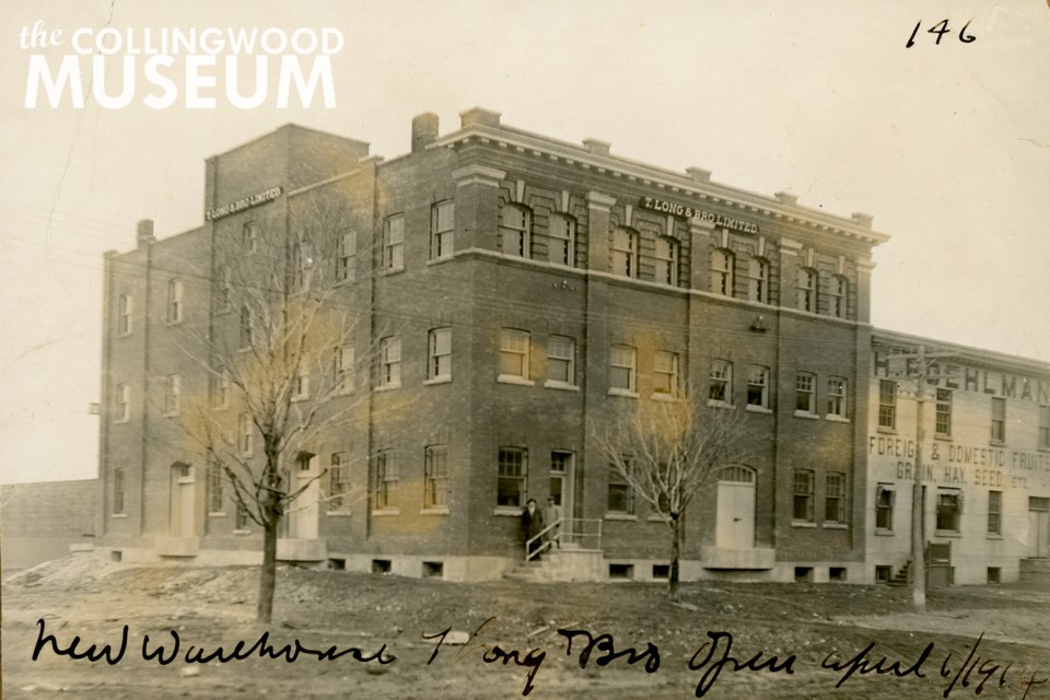 This three-storey brick building was constructed by T. Long and Bro. as a new warehouse, and it opened on April 6, 1914. Photo contributed by Collingwood Museum Collingwood Museum Collection X972.11.1, X2012.205.1, 994.33.9