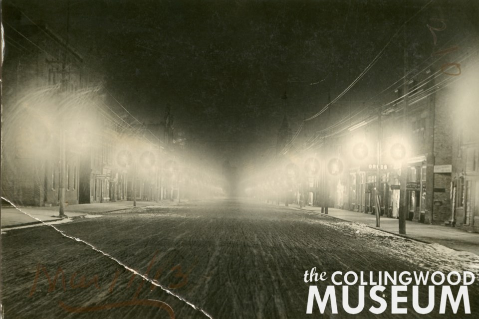 This photo taken in 1913 shows Collingwood's early electric streetlights. | Photo from Huron Institute 210; Collingwood Museum Collection X970.654.1   