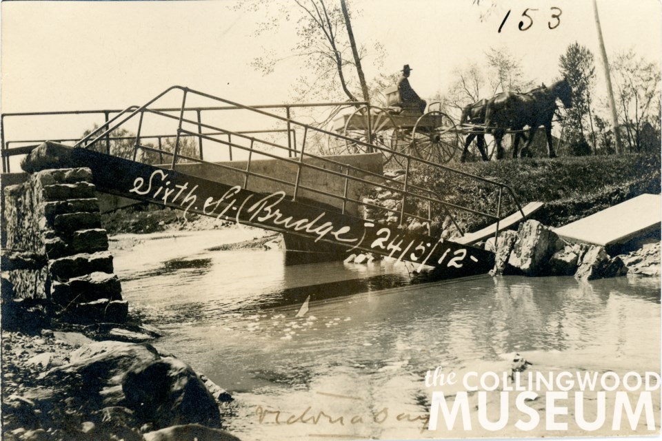 While the Sixth Street bridge remained in place -- and usable -- the foot bridge beside it collapsed into the creek. Photos from the Huron Institute 152 ,153, 161; Collingwood Museum Collection X969.279.1, X970.330.1, X969.226.1.

