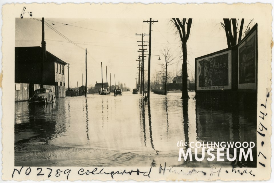Photo A shows Huron Street in Collingwood on St. Patrick's Day in 1942 during a flood. Huron Institute 2789; Collingwood Museum Collection X973.523.1, X973.524.1, X973.525.1
