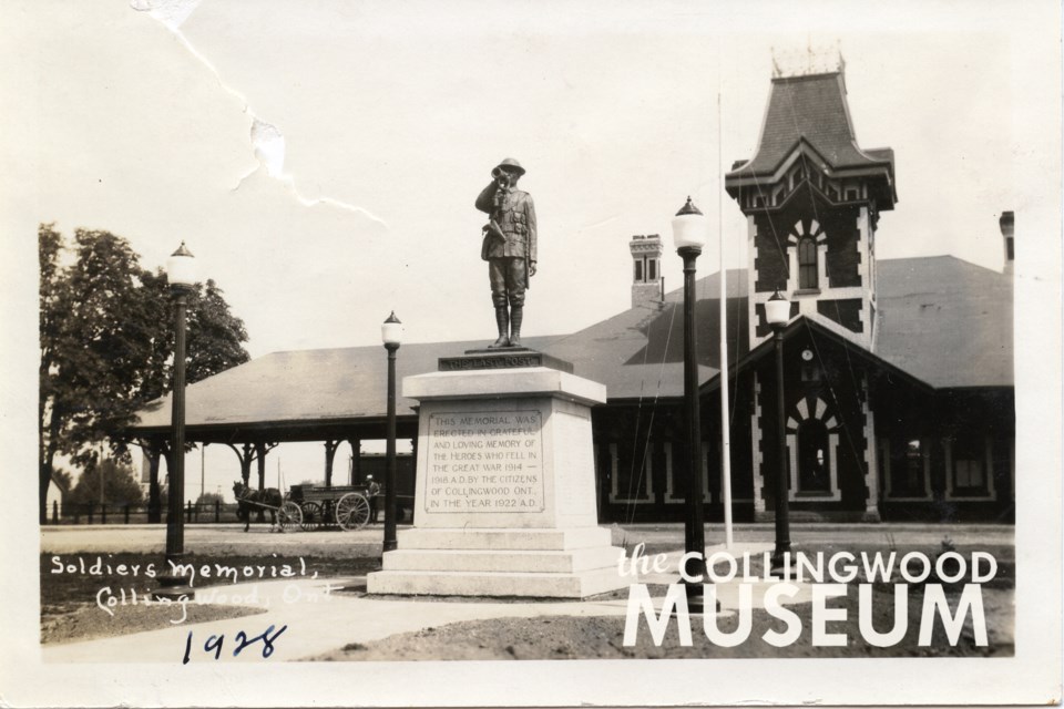 The Soldiers' Memorial on the train station grounds pictured here in 1928. Photo provided by Collingwood Museum Collection X967.40.1