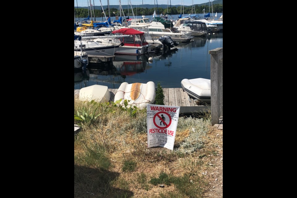 One of several signs indicating there were pesticides applied to the water at the Collingwood Yacht Club. Erika Engel/CollingwoodToday