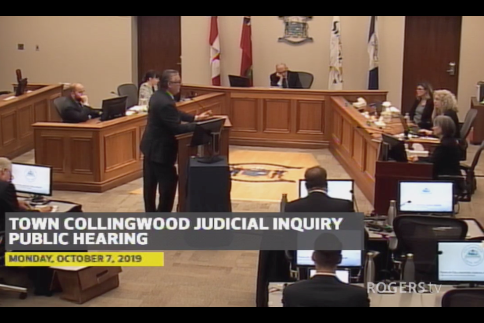 Paul Bonwick cross-examines his sister, former mayor Sandra Cooper on Oct. 7, 2019, during the Collingwood Judicial Inquiry. 