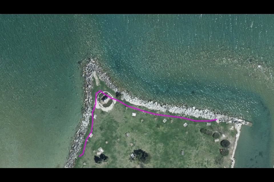 Image shows Sunset Point in Collingwood prior to erosion. The purple line indicates how far the shoreline has eroded due to extreme weather events in October and November. Contributed image