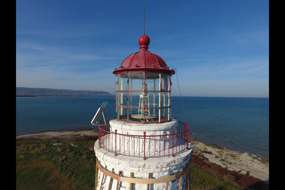 The lantern room of the Nottawasaga Lighthouse now features an electric light, but the original was powered by kerosine. 