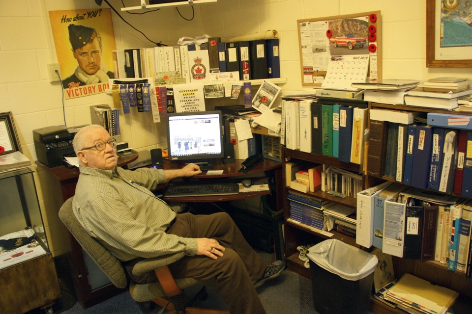 Don Wilcox at his desk in the Branch 63 Legion Museum. He is surrounded by the three-ring binders heâs filled with his research on Collingwoodâs military history. Erika Engel/Collingwood Today
