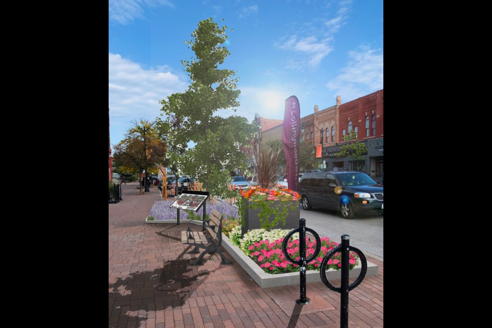 A conceptual rendering of Hurontario Street with suggested improvements from the Collingwood Downtown Gardens Master Plan.