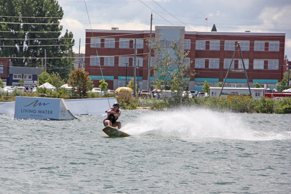 A rider cuts back into the cable path during her run at the wakeboarding competition during Sidelaunch Days this weekend. Erika Engel/CollingwoodToday