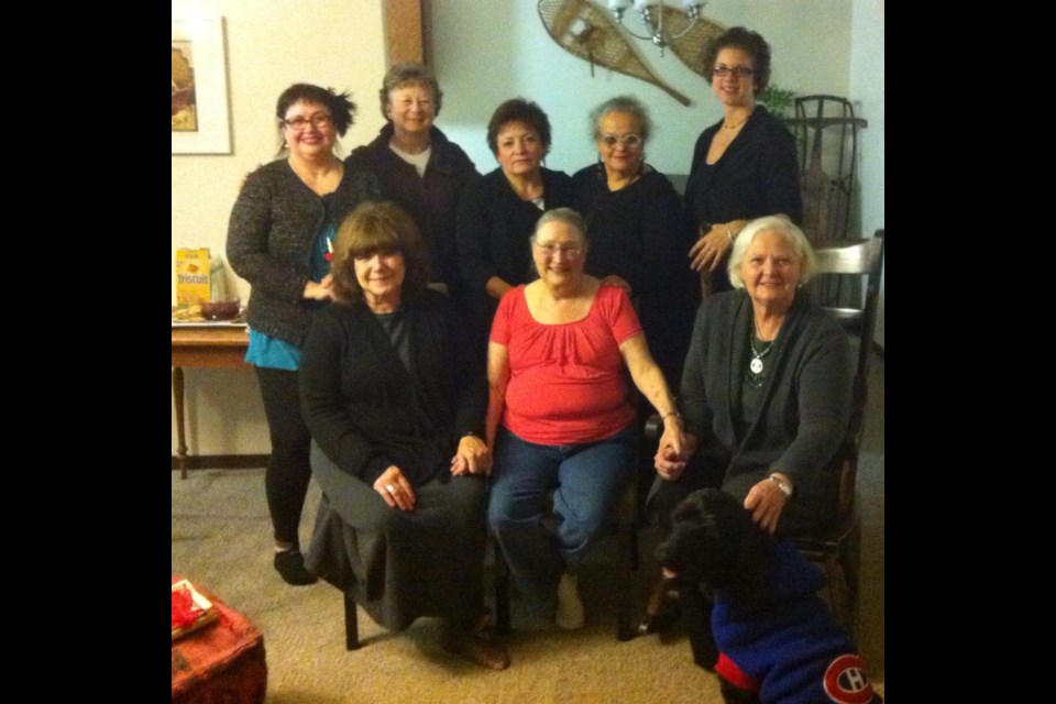 The Wendat/Wandat Women’s Advisory Council. (Back row - L to R) Beverlee Pettit,  Judith Manthe, Linda Sioui, Catherine Tàmmaro, Kathryn Labelle.
Front row left to right Sallie Cotter Andrews, Judith Kukowski, Chief Janith English. 
Not pictured: Manon Sioui