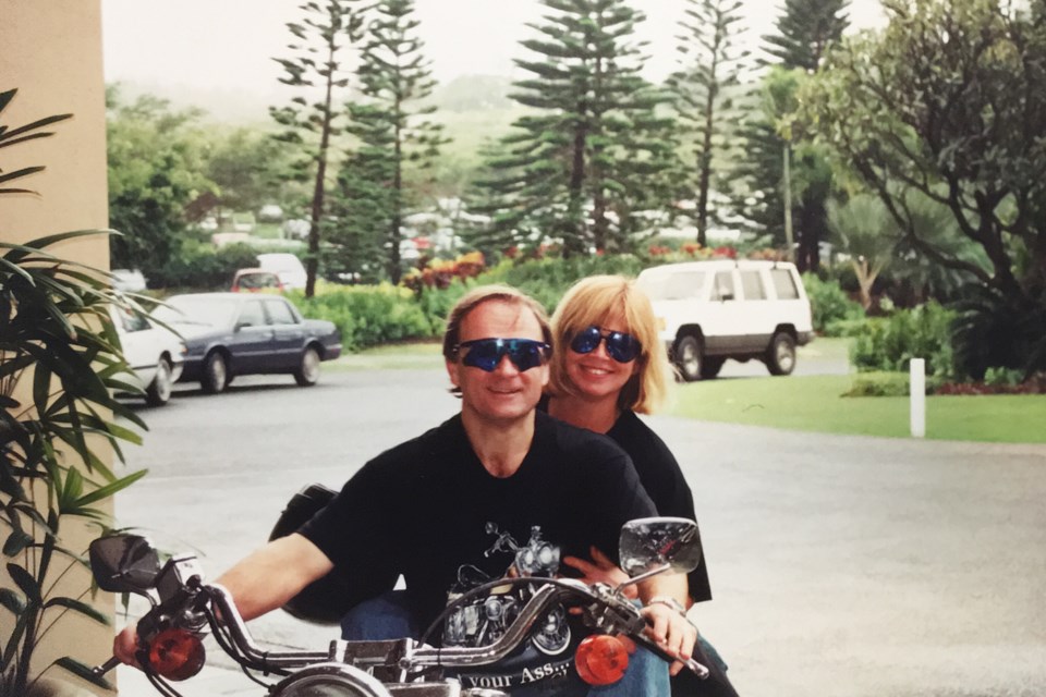 Ken and Maureen Basnicki on a Harley Davidson motorcycle. The couple met at Northwinds Beach and built their dream home near Monterra Golf Course in The Blue Mountains. 