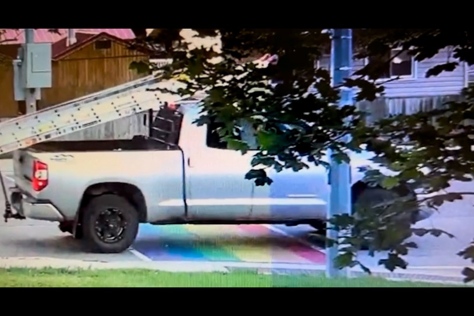 Police are looking to identify the driver of this vehicle after a Pride crosswalk was vandalized Wednesday in Wasaga Beach.