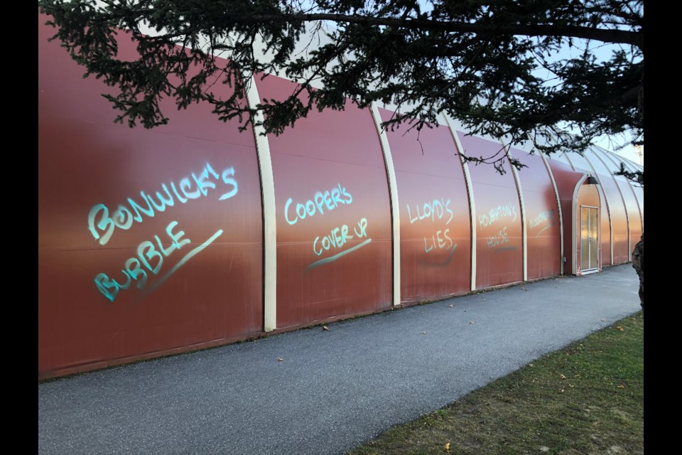 Graffiti on Central Park Arena on Sunday, Nov. 8. Erika Engel/CollingwoodToday