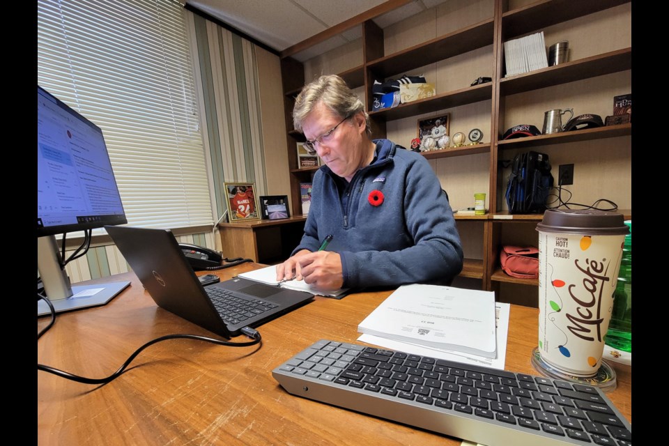 Simcoe-Grey MPP Brian Saunderson takes a Microsoft Teams call with Town of the Blue Mountains representatives at his office on Nov. 9, 2022.