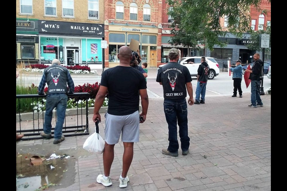 Members of Soldiers of Odin Grey Bruce were in attendance at a demonstration in Collingwood on Labour Day. The demonstration was put on by MAPP (Mankind Against Pedophiles and Predators), and were advocating for the Ontario Sex Offender Registry to be make public. Contributed image