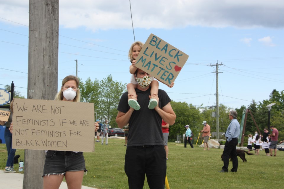 Demonstrators organized out of the Smith memorial park across from The Blue Mountains Town Hall for the Black Lives Matter demonstration June 6. Erika Engel/CollingwoodToday