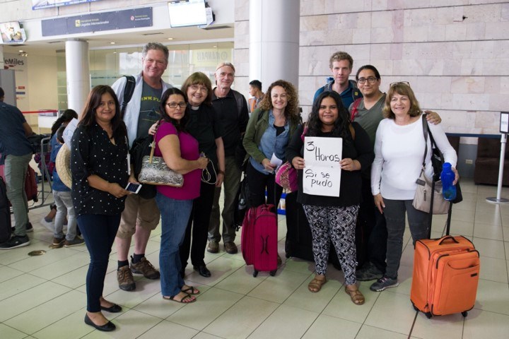 The delegation from Simcoe County with Honduran human rights activists at the Honduran airport. Ben Powless photo