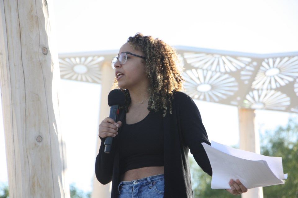 Anisha Bensdira, a 17-year-old Collingwood student spoke about her own experience with racism and called on people to feed and nurture children while banishing negative stereotypes. Erika Engel/CollingwoodToday