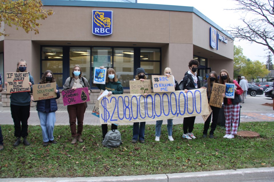 Collingwood Collegiate Institute students protest in front of Collingwood RBC branch during a Day of Action against fossil finance, Oct. 29. 