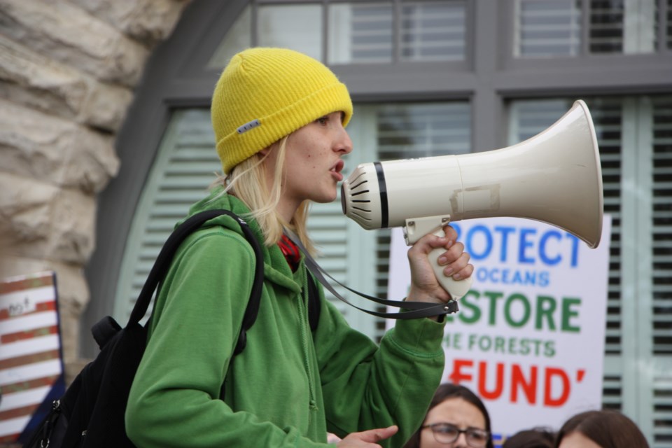 Reneé Fico, a student at CCI and one of the organizers of today's climate strike speaks to the crowd during the protest. Erika Engel/CollingwoodToday
