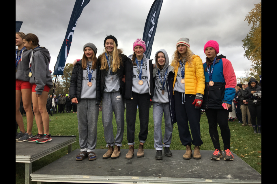 The CCI cross-country running Midget Girls team of Hailey Abbott, Leah Ray, Meghan Howell, Maddie Calder and Leah McGladdery podiumed for the first time in Collingwood Collegiate history at OFSAA - taking third place with Hailey grabbing sixth place as an individual in Ontario. Contributed photo