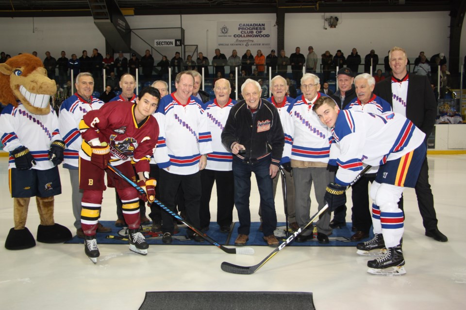 Dr. Don Paul, former president of the Collingwood Shipbuilders team, drops the puck at the Collingwood Colts game on Jan. 3, 2020. Erika Engel/CollingwoodToday