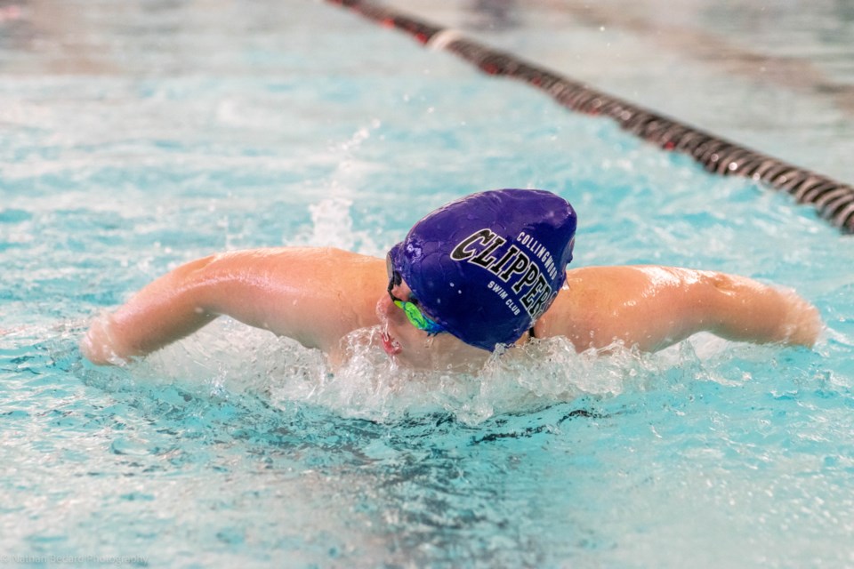 A Collingwood Clipper athlete swims a lap. The June invitational event includes a 50-metre butterfly elimination race. 