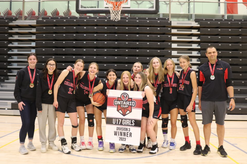 The Collingwood Trailblazers include, from left, assistant coach Emily MacNeil, Penelope Young, Ella Dinsmore, Chloe Cathcart, Edie Feldman, Lexi Mason, Madelyn Johnson, Annie Caughill, Lolly Griffin, Nicole Kerr, Adelaide MacDonald and coach Sean Lesaux.
