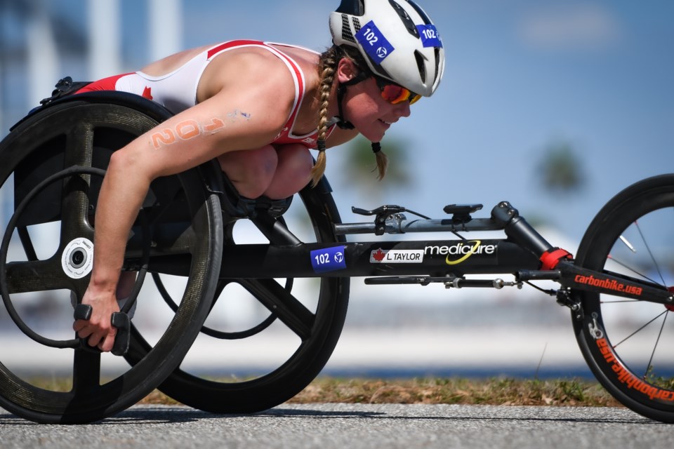 Leanne Taylor, from Wasaga Beach, is seen during a paratriathlon in her racing wheelchair.